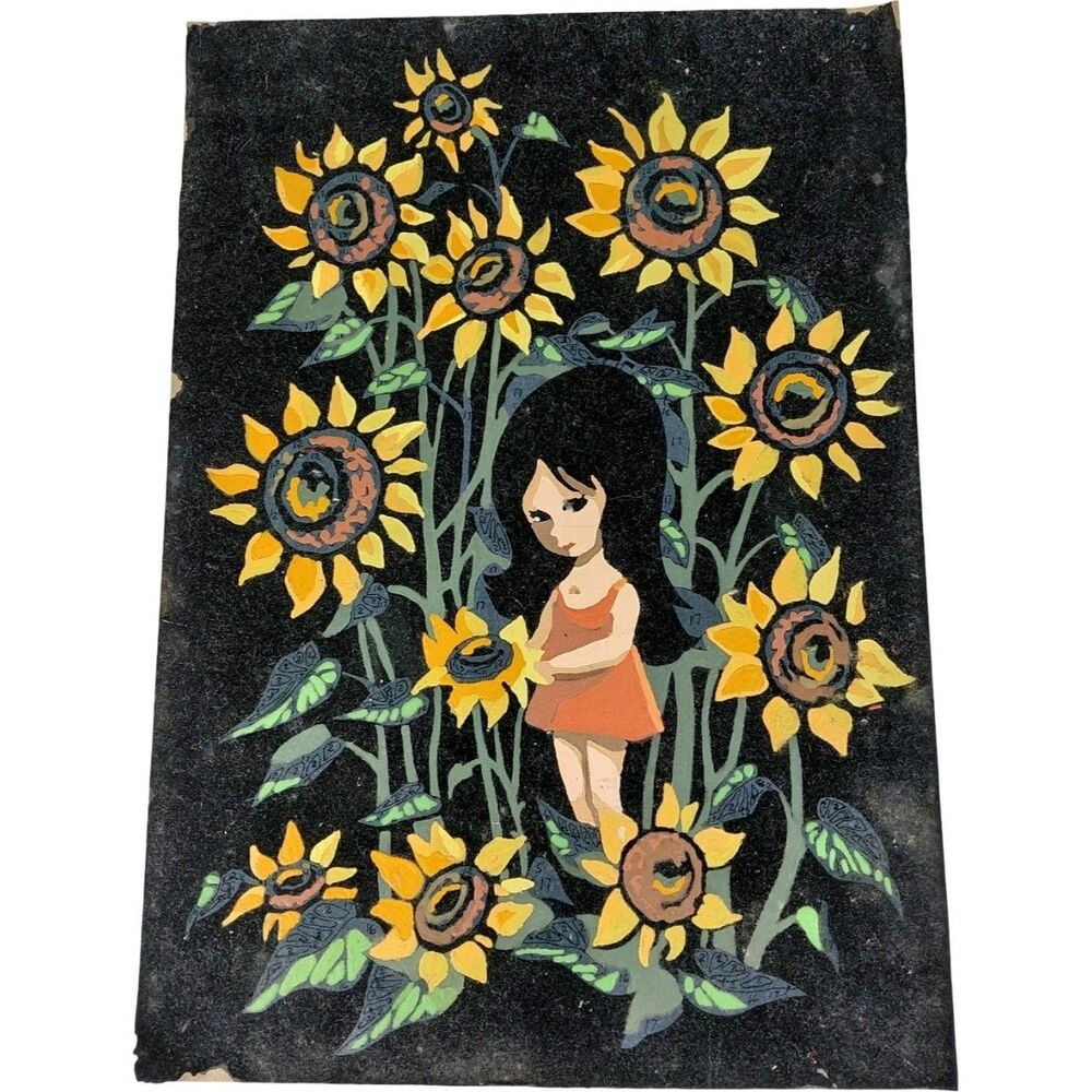 Velvet Flocked Vtg Blacklight Painting Glow Art Retro Wall Hanging Sunflowers
